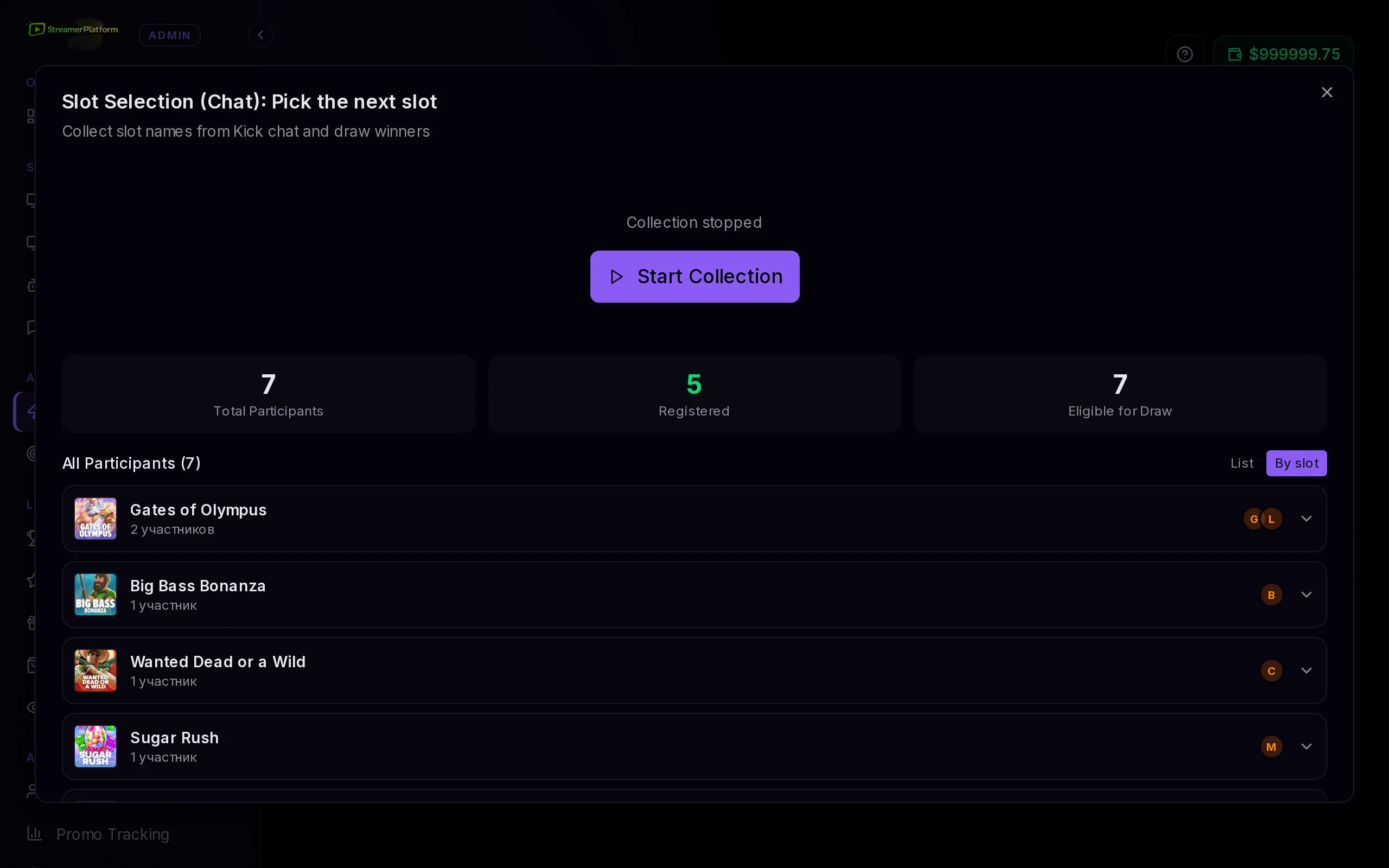The Slot Selection (chat) activity with slots collected from viewer chat