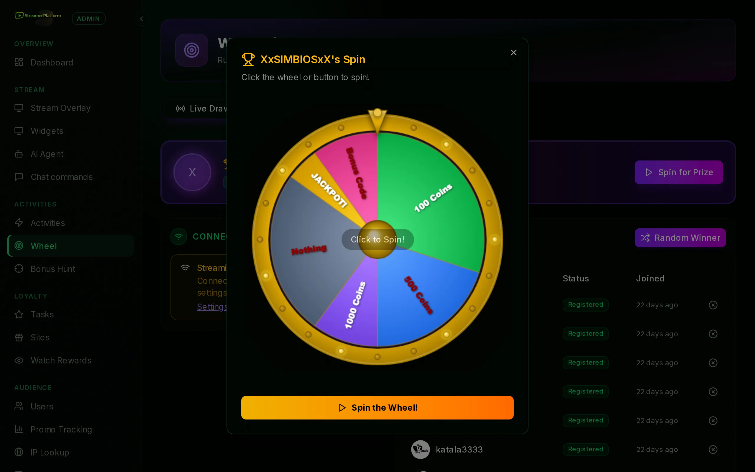 The fortune wheel mid-draw highlighting the winner