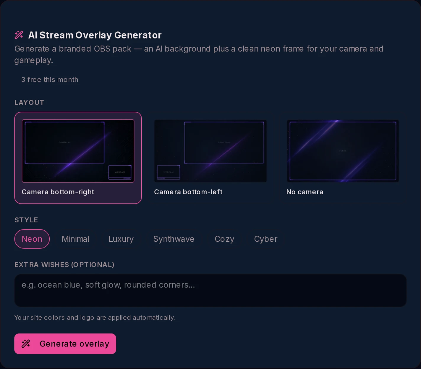 AI overlay generator: layout and style options with a generate button