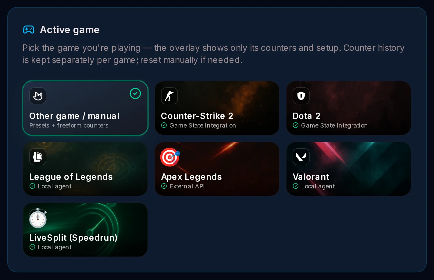 Overlay admin page: pick the game for counters (CS2, Dota 2, LoL, Apex, Valorant)