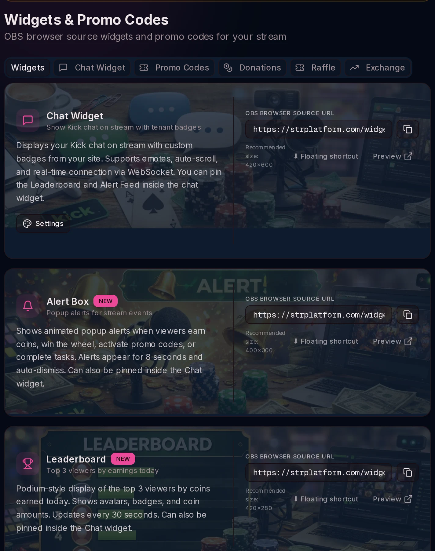 OBS widget catalog: chat, alerts, leaderboard, donations, giveaways